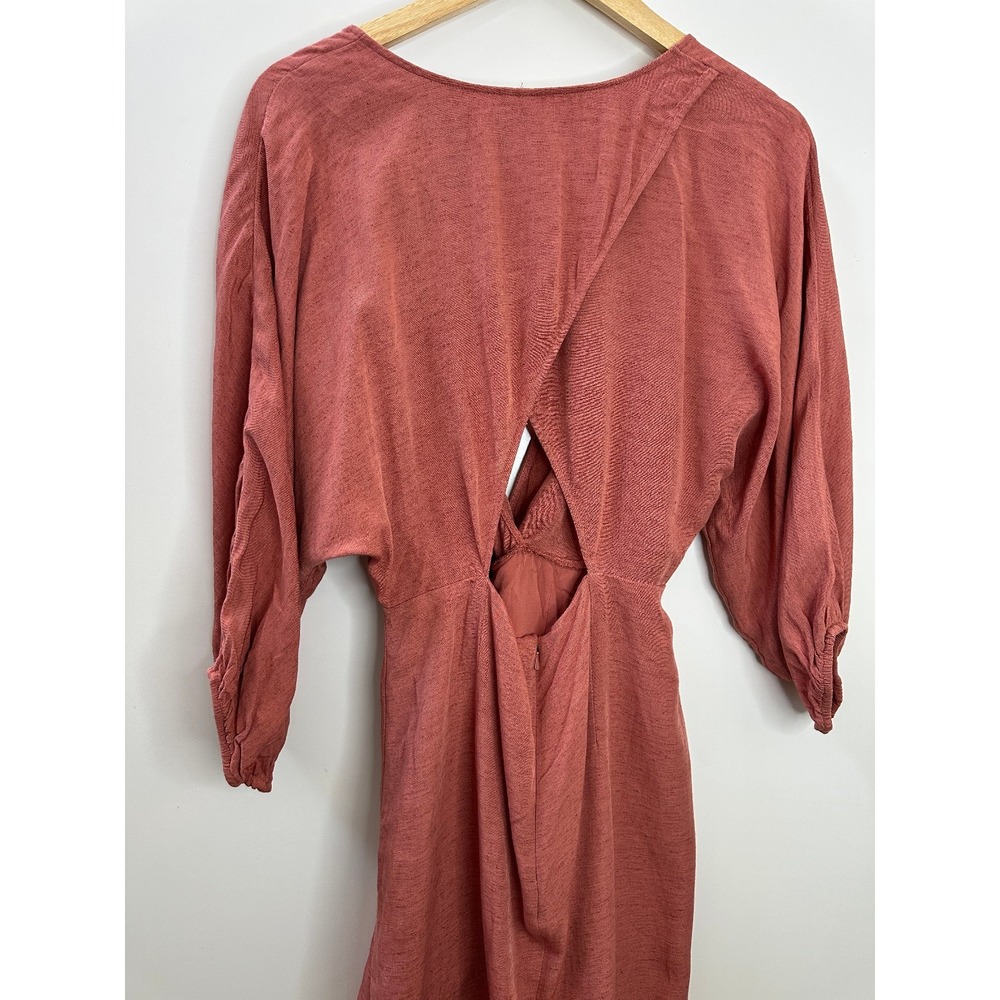 Anthropologie Tie-Front Wrap Mini Dress Size 8 Rust Viscose Linen 3/4 Sleeves - Picture 13 of 16